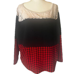 SHEIN Curve 3XL Top Mixed Media Lace Yoke Red Buffalo Plaid Gingham Long Sleev